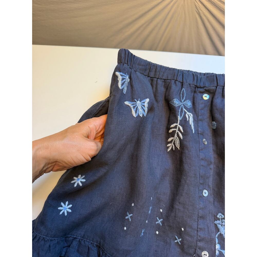 JOHNNY WAS Nico Ruffle Tiered Midi Skirt Womens XS Blue Linen Embroidered Boho - Picture 7 of 13